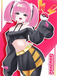1girl :d absurdres bare_shoulders belt black_eyes black_shirt black_skirt collarbone commentary_request copyright_name coral_(pokemon) cowboy_shot eyelashes fang hair_ornament hand_up highres lightning_bolt_symbol looking_at_viewer navel nintendo off-shoulder_shirt off_shoulder open_mouth outline pantyhose pink_hair poke_ball poke_ball_(basic) pokemon pokemon_(anime) pokemon_horizons shirt skirt smile solo tongue twintails wanko_(yurika0320) yellow_belt