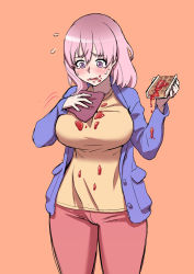 1girl blue_jacket cleaning crying food food_on_face handkerchief highres jacket jam kjech messy muja_kina pants pink_hair purple_eyes shirt sweat track_pants waffle yandere_simulator