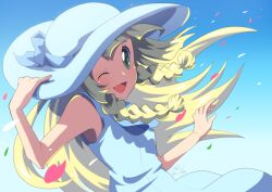 1girl ;d blonde_hair braid collared_dress commentary_request day dress eyelashes falling_petals floating_hair green_eyes hand_on_headwear happy hat lillie_(pokemon) long_hair nintendo one_eye_closed oooise open_mouth outdoors petals pokemon pokemon_sm sky sleeveless sleeveless_dress smile solo sun_hat tongue twin_braids wind
