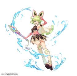 1girl ;d animal_ears aqua_eyes arm_up armpits artist_request boots capelet copyright_notice elbow_gloves eyelashes fake_animal_ears full_body fur-trimmed_capelet fur_trim gloves green_hair highres holding holding_wand lara_tchaikoskaya nostrils official_art one_eye_closed open_mouth phantom_of_the_kill pink_gloves short_hair simple_background sleeveless smile solo superhero_costume teeth third-party_source tiger_&amp;_bunny upper_teeth_only w wand water white_background white_boots white_capelet
