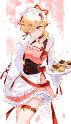 1girl ;q alternate_costume blonde_hair brown_eyes cherry_blossoms detached_collar detached_sleeves earrings frilled_skirt frilled_sleeves frills genshin_impact hair_ribbon heart heart_earrings holding holding_plate jewelry long_sleeves maid_headdress one_eye_closed outdoors pink_shirt pink_skirt plate ponytail red_ribbon ribbon shirt short_ponytail signature single_sidelock skirt sleeveless sleeveless_shirt thigh_strap tongue tongue_out tsukine122 underbust watermark white_sleeves wide_sleeves yoimiya_(genshin_impact)