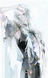 1boy absurdres anaxa_(honkai:_star_rail) aqua_hair armpits black_pants cowboy_shot hand_up highres honkai:_star_rail honkai_(series) male_focus medium_hair one_eye_covered pants parted_lips side_ponytail simple_background solo teeth unelamain white_background