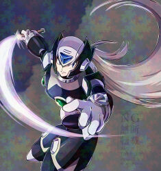 Rule 34 | 1boy, armor, black armor, black helmet, black zero (mega man), chest jewel, dwn0001130, energy sword, forehead jewel, grey hair, helmet, highres, holding, holding sword, holding weapon, long hair, male focus, mega man (series), mega man x (series), solo, sword, watermark, weapon, z saber, zero (mega man)