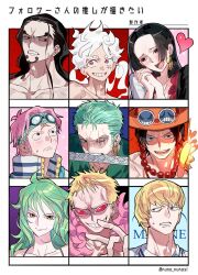 black_hair blonde_hair blunt_bangs boa_hancock brothers commentary_request donquixote_doflamingo donquixote_rocinante earrings evil_smile eyewear_on_head facial_hair fire freckles gear_fifth goatee green_hair hagoromo hat headband heart highres jewelry koby_(one_piece) korean_commentary long_hair looking_at_viewer monet_(one_piece) monkey_d._luffy multiple_drawing_challenge necklace one_piece one_piece:_stampede orange_hat own_hands_together pachi1014813 pearl_necklace pink_eyes pink_hair portgas_d._ace rob_lucci roronoa_zoro scar scar_on_face scar_on_forehead shawl short_hair siblings sideburns sidelocks smile snake_earrings sunglasses sweatdrop topless_male twitter_username veins weapon_in_mouth white_hair
