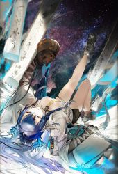 1girl abstract_background ankle_boots arched_back arknights bare_legs between_breasts black_gloves blue_eyes blush boots breasts coat elbow_gloves full_body gloves gourd grey_boots hair_spread_out highres holding knee_up kuma20151225 leg_up ling_(arknights) long_hair long_sleeves lying medium_breasts necktie necktie_between_breasts no_bra on_back open_clothes open_coat parted_lips pointy_ears purple_hair scroll sidelocks solo upside-down very_long_hair white_coat wide_sleeves yellow_necktie