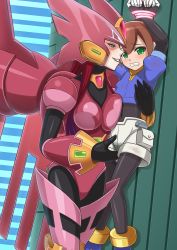 2girls aile_(mega_man_zx) android armor armored_boots armored_leotard arms_up blue_footwear blue_jacket blush bodystocking boots bound breasts brown_hair clenched_teeth commentary_request covered_navel cowboy_shot detached_wings energy_whip ferham_(mega_man) forced gloves green_eyes hair_between_eyes hand_on_another&#039;s_chest hand_on_another&#039;s_crotch helmet highres holding jacket large_breasts layered_sleeves leotard long_hair long_sleeves looking_at_another looking_at_viewer mega_man_(series) mega_man_x:_command_mission mega_man_x_(series) mega_man_x_dive mega_man_zx miruno molestation multiple_girls pantyhose pantyhose_under_shorts parted_lips pink_armor red_hair robot_ears shadow short_hair short_over_long_sleeves short_shorts short_sleeves shorts sidelocks skin_tight small_breasts smile spandex standing tears teeth tied_up whip white_shorts wings yuri