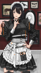 1girl apron black_hair black_nails black_shirt black_skirt black_thighhighs black_vest blush breast_pocket breasts cellphone chain cowboy_shot double-parted_bangs earrings eyebrows_hidden_by_hair fingernails frilled_apron frilled_skirt frilled_sleeves frills full-length_zipper garter_straps grey_eyes hair_over_one_eye hand_on_own_hip hand_up head_tilt heart heart_earrings high-waist_skirt highres jewelry large_breasts legs_apart light_smile long_sleeves looking_at_viewer maid maid_apron maid_headdress medium_hair nail_polish original parted_lips phone piercing pocket saburoumaru_kokichi shirt shirt_tucked_in skindentation skirt smartphone solo standing straight-on stuffed_animal stuffed_toy taut_clothes thighhighs tongue tongue_out tongue_piercing unconventional_maid vest waist_apron white_apron zettai_ryouiki zipper zipper_pull_tab