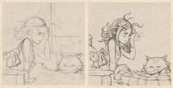 Rule 34 | 1girl, alarm clock, arm support, bed, bed frame, bed sheet, breasts, camisole, carrot (pepper&amp;carrot), cat, clock, david revoy, disheveled, hand on own head, medium breasts, medium hair, monochrome, nightgown, non-web source, pepper&amp;carrot, pepper (pepper&amp;carrot), pillow, sitting, sketch, watch