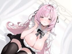 1girl :3 bed bed_sheet black_bow black_bowtie black_dress black_thighhighs blush bow bowtie breasts canopy_bed cleavage closed_mouth clothes_lift detached_collar dress dutch_angle hair_ribbon highres indoors large_breasts long_hair looking_at_viewer maid maid_headdress original pink_hair purple_eyes ribbon sidelocks skirt skirt_lift thighhighs very_long_hair yuita_(yuita17)