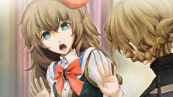2girls amane_suzuha amane_suzuha_(beta) amane_yuki belt belt_buckle beret black_belt black_jacket blue_eyes blue_jacket blue_track_suit blurry blurry_background bow braid breasts brown_hair buckle chest_bow collared_shirt confused cosplay costume cropped_jacket dress_vest future_gadget_lab game_cg hair_rings hands_up hat high_collar highres huke jacket jacket_over_jacket leather leather_jacket long_sleeves looking_at_another medium_breasts mother_and_daughter multiple_girls nervous_sweating non-web_source official_art open_mouth red_bow red_hat ringed_eyes shiny_lips shirt steins;gate steins;gate_0 sweat sweatdrop teeth tongue track_jacket track_suit twin_braids twintails upper_teeth_only worried