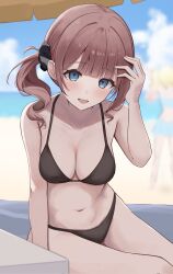 2girls :d beach beach_umbrella bikini black_bikini blue_eyes blunt_bangs blurry blurry_background blush breasts brown_hair cleavage collarbone day hair_ornament hair_scrunchie highres kunizaki looking_at_viewer medium_breasts mochizuki_honami multiple_girls navel ocean open_mouth outdoors project_sekai scrunchie side_ponytail sitting sky smile solo_focus swimsuit umbrella