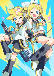 1boy 1girl :d absurdres aqua_eyes bakeneko1212 belt bishounen black_leg_warmers black_sailor_collar black_shorts blonde_hair blue_background bow bow_hairband brother_and_sister collarbone commentary cowlick crop_top crop_top_overhang dynamic_pose grin hair_between_eyes hair_bow hair_ornament hairband hairclip halftone hand_on_own_hip headset high_ponytail highres holding holding_instrument holding_microphone instrument kagamine_len kagamine_rin keytar leg_warmers lightning_bolt_symbol locked_arms looking_at_viewer medium_hair microphone midriff navel neckerchief necktie open_mouth outline ponytail sailor_collar shirt shoes short_ponytail short_shorts shorts siblings smile spiked_hair teeth thighs twins upper_teeth_only vocaloid white_outline white_shirt white_shoes yellow_belt yellow_neckerchief yellow_necktie