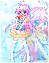1girl ahoge bandaid bandaid_on_knee bandaid_on_leg blue_eyes blush collarbone donut donut_innertube food fruit hair_between_eyes hair_ornament highres holding holding_food holding_fruit holding_watermelon innertube long_bangs long_hair mugi44i open_mouth pink_hair sailor_collar solo standing swim_ring thighhighs watermelon watermelon_slice white_thighhighs wing_hair_ornament yellow_sailor_collar