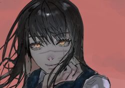 1girl black_hair chainsaw_man cheshire_nek close-up closed_mouth commentary_request facial_scar fourth_east_high_school_uniform highres long_hair looking_at_viewer red_background ringed_eyes scar scar_on_cheek scar_on_face scar_on_nose school_uniform shirt solo white_shirt yellow_eyes yoru_(chainsaw_man)