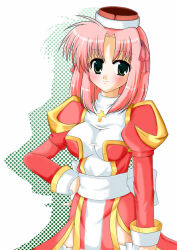 1girl back_bow biretta bow breasts brown_hat closed_mouth commentary_request cowboy_shot cross dress green_eyes hand_on_own_hip hat high_priest_(ragnarok_online) impossible_clothes impossible_dress juliet_sleeves kazu_ayase long_hair long_sleeves looking_at_viewer medium_breasts pink_hair puffy_sleeves ragnarok_online red_dress sash shadow simple_background solo two-tone_dress white_background white_bow white_dress white_sash