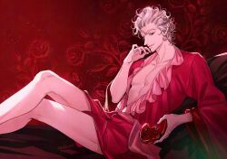 1boy animification astarion baldur&#039;s_gate baldur&#039;s_gate_3 controller curly_hair dungeons_&amp;_dragons dungeons_&amp;_dragons floral_print game_controller looking_at_viewer male_focus red_eyes red_theme rose_print short_hair sitting solo white_hair wild5lee