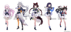 Rule 34 | 5girls, aiba uiha, aiguillette, animal ear headphones, animal ears, ankle boots, asymmetrical legwear, black hair, blue boots, blue cape, blue eyes, blue gloves, blue shirt, blue skirt, blue thighhighs, boots, bow, bracelet, braid, braided bangs, brown tail, cape, commentary request, copyright notice, dog ears, dog girl, dog tail, fake animal ears, fold-over boots, frilled skirt, frills, fur bracelet, gloves, gold trim, grey hair, hair bow, hair ornament, half up braid, headphones, heart, heart hands, high heel boots, high heels, highres, higuchi kaede, idol clothes, inui toko, jewelry, layered skirt, lineup, long hair, long sleeves, looking at viewer, low twin braids, medium hair, miniskirt, mismatched legwear, multiple girls, nijisanji, nijisanji idol uniform, official art, one eye closed, orange cape, orange thighhighs, pink eyes, pink hair, ponytail, purple eyes, purple hair, rabbit ear headphones, red eyes, sample watermark, shiina yuika, shirt, side braid, side cape, simple background, skirt, sleeve cuffs, sleeveless, sleeveless shirt, standing, standing on one leg, suou (sdurorhr), tail, tail under clothes, thigh strap, thighhighs, tsukino mito, twin braids, two-sided cape, two-sided fabric, very long hair, virtual youtuber, watermark, waving, white background, white bow, white skirt