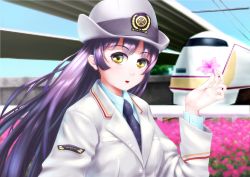 Rule 34 | 00s, 1girl, :d, azalea (flower), blunt bangs, blush, collared shirt, day, eyebrows, female focus, female service cap, flower, from side, hat, holding, holding flower, jacket, kinugawa ya, long hair, murasakijazi, necktie, open mouth, outdoors, pixelated, polka dot, power lines, purple hair, shirt, sky, smile, solo, tetsudou musume, tetsudou musume pickup!!, train, train attendant, travel attendant, tsudou musume pickup!!, uniform, upper body, vehicle, very long hair, yellow eyes