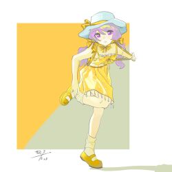 Rule 34 | 1girl, adjusting clothes, adjusting strap, alternate costume, border, bow, breasts, dated, dress, full body, grey background, hair bow, hat, highres, long hair, looking at viewer, low twintails, mary janes, mianfeng, multiple hair bows, outside border, parted lips, purple eyes, purple hair, shadow, shoes, shoulder strap, signature, small breasts, socks, solo, standing, standing on one leg, sun hat, sundress, twintails, two-tone background, utane oto, utau, white border, white hat, white socks, yellow background, yellow bow, yellow dress, yellow shoes
