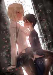 1boy 1girl absurdres ahoge arcueid_brunestud black_hair blonde_hair blush breasts censored clothes_lift commentary couple cyrilashnmsh from_side glasses highres huge_breasts large_breasts leg_lock nipples pantyhose red_eyes school_uniform sex short_hair souya_high_school_uniform standing standing_leg_lock standing_sex steam steaming_body sweat sweater sweater_lift tohno_shiki torn_clothes torn_pantyhose tsukihime tsukihime_(remake) vaginal