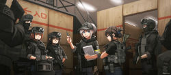 4boys 4girls absurdres akm assault_rifle ballistic_shield baseball_cap black_jacket black_shirt blue_eyes blue_pants brown_eyes brown_hair ceiling_light closed_mouth commentary ear_protection english_commentary gloves goggles goggles_on_headwear grey_gloves grey_hair grey_headwear gun hair_between_eyes han_yue_ling handgun hat headset helmet highres holding holding_gun holding_pencil holding_weapon indoors jacket kalashnikov_rifle long_sleeves multiple_boys multiple_girls ndtwofives open_mouth original pants pencil pistol ponytail profile red_eyes rifle riot_shield shield shirt smile standing teeth twitter_username upper_teeth_only weapon weapon_request yellow_eyes