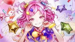 1girl balloon balloon_hair_ornament candy candy_hair_ornament character_name creature dated double_bun english_text floating floating_object food food-themed_hair_ornament grin hair_bun hair_ornament hands_up happy_birthday happy_tears highres looking_at_viewer medium_hair official_art ootori_emu parted_bangs pink_eyes pink_hair pipi_(pipinavigation) project_sekai second-party_source smile solo star_(symbol) star_balloon tears upper_body