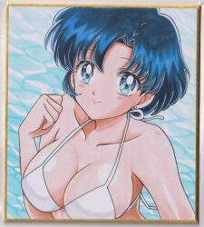 Rule 34 | 1girl, bikini, bishoujo senshi sailor moon, blue eyes, blue hair, breasts, cleavage, collarbone, earrings, highres, jewelry, mizuno ami, parted bangs, short hair, solo, stud earrings, swimsuit, user kztc4472, white bikini