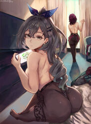 absurdres back belt bra breasts chair feet from_behind grey_hair hair_ornament hair_ribbon hairclip highres honkai:_star_rail honkai_(series) hotel hotel_room kafka_(honkai:_star_rail) nude pantyhose red_hair ribbon silver_wolf_(honkai:_star_rail) underwear window window_blinds