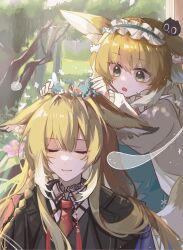 Rule 34 | 2girls, :o, animal ears, arknights, black jacket, blonde hair, chinese commentary, closed eyes, commentary request, creature, creature on head, day, frilled hairband, frills, green eyes, green hairband, hair between eyes, hairband, head wreath, heixiu, highres, hitodama, jacket, light particles, long hair, long sleeves, luo xiaohei zhanji, mother and daughter, multicolored hair, multiple girls, necktie, official alternate costume, open mouth, outdoors, plant, red necktie, shang ge promax, shirt, streaked hair, suzuran (arknights), suzuran (spring praise) (arknights), tassel, vulpisfoglia (arknights), white hair, white shirt