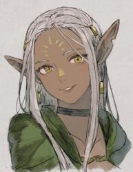 1girl choker cithis cloak dark-skinned_female dark_elf dark_skin dungeon_meshi elf facial_mark forehead_mark green_cloak grey_background grey_hair hair_tubes highres hood hooded_cloak long_hair looking_at_viewer maeka_(kumaekake) notched_ear parted_lips pointy_ears portrait simple_background smile solo yellow_eyes