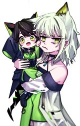 2girls absurdres animal_ears arknights bags_under_eyes bare_shoulders black_hair cat_ears cat_girl child commentary_request dress green_dress green_eyes green_hair hamaing001 highres kal&#039;tsit_(arknights) korean_commentary looking_at_viewer mon3tr_(arknights) multiple_girls open_mouth simple_background sleeves_past_wrists white_background