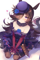 Rule 34 | 1girl, absurdres, animal ears, artist name, bare shoulders, blue flower, blue rose, brown hair, commission, dagger, dress, fascinator, flipped hair, flower, hair over one eye, hat, hat flower, heart, highres, horse ears, horse girl, horse tail, knife, leenarieart, long hair, looking at viewer, off-shoulder dress, off shoulder, purple eyes, rice shower (umamusume), rose, sitting, solo, tail, tilted headwear, umamusume, wariza, watermark, weapon