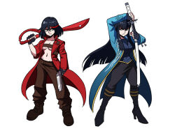 Rule 34 | 2girls, angry, ankle boots, black hair, blue jacket, boots, breasts, cleavage, cosplay, crossover, dante (devil may cry), dante (devil may cry) (cosplay), devil may cry (series), female focus, full body, gun, high heel boots, high heels, highres, holding, holding gun, holding sword, holding weapon, jacket, katana, kill la kill, kiryuuin satsuki, large breasts, long hair, looking at another, matoi ryuuko, multicolored hair, multiple girls, navel, pants, red hair, red jacket, sheath, shoes, short hair, siblings, sisters, stomach, strapless, streaked hair, sword, tina fate, trait connection, tube top, underboob, unsheathing, vergil (devil may cry), vergil (devil may cry) (cosplay), weapon, weapon connection, white background