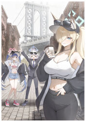 3girls absurdres ahoge animal_ear_fluff animal_ears black_hat black_jacket black_pants black_shoes black_suit blonde_hair blue_archive blue_eyes blue_hair blue_halo blue_necktie blush breasts choker cleavage closed_eyes collarbone cup denim denim_shorts dog_ears eyewear_on_head formal_clothes fubuki_(blue_archive) grey_hair hair_over_one_eye halo hat highres holding holding_cup jacket kanna_(blue_archive) kirino_(blue_archive) large_breasts long_hair looking_at_viewer manhattan_bridge micasa_tto multiple_girls navel necktie new_york_city notched_ear open_clothes open_jacket oversized_jacket pants pink_halo pink_shoes ponytail purple_halo real_world_location shirt shoes shorts single_bare_shoulder sleeves_past_fingers sleeves_past_wrists small_breasts sports_bra suit sunglasses thighs twintails v white_shirt white_sports_bra