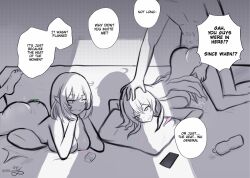 Rule 34 | 1boy, ass, barefoot, bottle, breasts, commentary, completely nude, doggystyle, elf, elysia (honkai impact), english text, eruda erudia, feet, grabbing another&#039;s head, greyscale, hetero, honkai (series), honkai impact 3rd, kiana kaslana, large breasts, looking at another, lying, mobius (honkai impact), monochrome, nude, on stomach, panties, pillow, pointy ears, sex, sex from behind, soles, speech bubble, toes, underwear, unworn panties