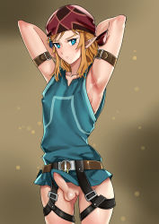 Rule 34 | 1boy, absurdres, armpits, arms behind head, arms up, bandana, belt, blonde hair, blue eyes, blue shirt, bottomless, bulge, elf, erection, erection under clothes, highres, link, nintendo, penis, pointy ears, shirt, standing, tamatamako01, testicles, the legend of zelda, trap