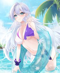 1girl aqua_hair bare_shoulders bikini blush breasts buoy cleavage closed_mouth collarbone feathered_wings feathers green_eyes h4n4m1_2 hair_between_eyes head_wings highres honkai:_star_rail honkai_(series) long_hair looking_at_viewer medium_breasts navel palm_tree purple_bikini robin_(honkai:_star_rail) scrunchie smile solo stomach sunlight swimsuit tree water wings wrist_scrunchie