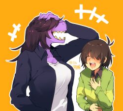 +++ 1girl 1other blush brown_hair deltarune furry furry_female green_sweater hand_on_own_chest hand_on_own_head komugiko_(bitte_komu) kris_(deltarune) laughing long_hair open_mouth orange_background outline sharp_teeth shirt short_hair susie_(deltarune) sweater tearing_up teeth upper_body white_outline white_shirt