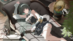 1girl absurdres antique_phone astra_yao astra_yao_(chandelier) barefoot black_dress black_hair breasts couch dress edible_sus foot_out_of_frame from_above hair_intakes hairband highres indoors large_breasts long_hair looking_at_viewer looking_up lying official_alternate_costume on_couch on_side parted_lips phone phonograph pink_eyes rotary_phone short_dress smile solo thigh_beads uneven_bangs vinyl_record white_hairband zenless_zone_zero