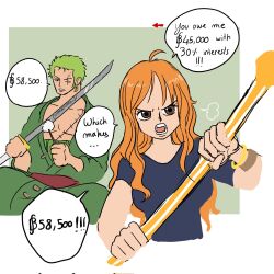 1boy 1girl bracelet brown_eyes commentary english_commentary english_text green_background green_kimono haramaki highres holding holding_staff holding_sword holding_weapon japanese_clothes jewelry kimono long_hair marimo_fr nami_(one_piece) one_eye_closed one_piece puff_of_air roronoa_zoro scar scar_across_eye scar_on_face short_hair simple_background speech_bubble staff stitched_torso stitches sword weapon