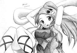 Rule 34 | 1girl, absurdres, armpits, arms behind head, blush, breasts, cross-laced footwear, elbow gloves, elysia de lute ima, female focus, gloves, greyscale, hair ornament, highres, icchigood, kami nomi zo shiru sekai, long hair, looking at viewer, monochrome, open mouth, ponytail, shawl, signature, skull hair ornament, solo, thighhighs, traditional media, very long hair, white background