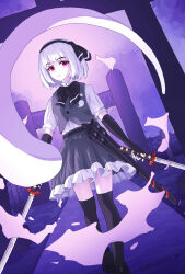 1girl absurdres black_bow black_bowtie black_gloves black_hairband black_thighhighs bow bowtie commentary dual_wielding elbow_gloves fingerless_gloves frilled_skirt frills frown gloves green_skirt green_vest hairband highres hitodama hitodama_print holding holding_sword holding_weapon katana konpaku_youmu konpaku_youmu_(ghost) looking_at_viewer multiple_swords red_eyes sanyasou_w sheath shirt short_sleeves skirt solo sword thighhighs touhou vest weapon white_hair white_shirt