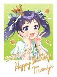 Rule 34 | 1girl, 2024, absurdres, aqua dress, aqua ribbon, artist request, border, choker, clover, confetti, crown, double v, dress, english text, fang, green background, green dress, green ribbon, hair ribbon, happy birthday, highres, itou momiji, looking at viewer, mole, mole under eye, official art, open mouth, outside border, purple eyes, purple hair, ribbon, shine post, short twintails, smile, solo, tasuki, twintails, upper body, v, white border, white ribbon