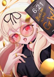 1girl :p alternate_costume black_ribbon black_shirt blonde_hair blush casual hair_ribbon hands_up holding holding_phone jewelry kantai_collection long_hair looking_at_viewer phone piercing red_eyes ribbon ring sameyan shirt solo sunglasses tongue tongue_out upper_body very_long_hair wedding_ring yellow_nails yuudachi_(kancolle) yuudachi_kai_ni_(kancolle)