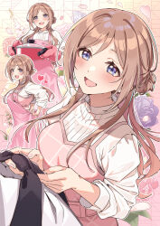 1boy 1girl absurdres adjusting_apron adjusting_clothes apron black_necktie blue_eyes blush breasts commentary_request cooking_pot dress gakuen_idolmaster hachiroku_(hatirokusann86) highres himesaki_rinami holding holding_cooking_pot idolmaster looking_at_another looking_at_viewer mittens multiple_views necktie open_mouth outline oven_mitts pinafore_dress pink_apron pink_dress pink_mittens pink_petals shirt sleeveless sleeveless_dress sleeves_rolled_up smile white_outline white_shirt