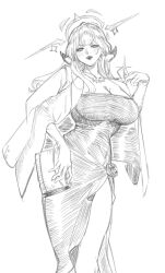 1girl arm_out_of_sleeve aru_(blue_archive) aru_(dress)_(blue_archive) bag between_fingers blue_archive blush breasts cleavage collarbone dress evening_gown eyelashes feet_out_of_frame greyscale halo handbag highres holding holding_bag horns indinu jacket jacket_on_shoulders large_breasts long_hair looking_at_viewer monochrome official_alternate_costume open_clothes open_jacket side_slit simple_background sketch solo teeth upper_teeth_only