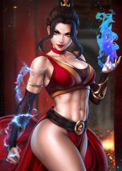 1girl abs avatar:_the_last_airbender avatar_legends azula bare_shoulders blue_electricity blue_fire breasts dandon_fuga electricity energy female_focus fire highres large_breasts looking_at_viewer solo