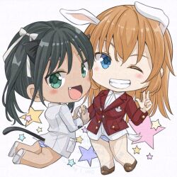 Rule 34 | 2girls, animal ears, ass, black hair, blue eyes, cat ears, cat tail, charlotte e. yeager, chibi, francesca lucchini, jacket, military, military uniform, multiple girls, naruchisukisuki, no pants, one eye closed, open mouth, orange hair, panties, rabbit ears, rabbit tail, smile, standing, star (symbol), strike witches, striped clothes, tail, underwear, world witches series