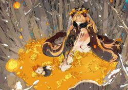 2girls barefoot blonde_hair bone bridal_veil crown ereshkigal_(fate) fate/grand_order fate_(series) flower fujimaru_ritsuka_(female) garden giant giantess head_wreath highres lying multiple_girls orange_hair see-through_body sitting siyahiroi snow veil yellow_flower