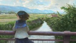 1girl against_railing blue_sailor_collar blue_skirt bridge brown_hair canal day fjsmu glasses hand_on_railing highres house looking_to_the_side mountainous_horizon original outdoors pleated_skirt railing sailor_collar scenery school_uniform serafuku shirt short_hair skirt solo vegetation white_shirt
